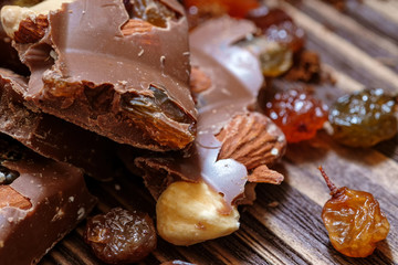milk chocolate with nuts and raisins. Close up view.