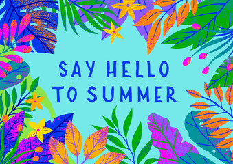 Obraz premium Summer vector illustration with bright tropical leaves,flowers and elements.Multicolor plants with hand drawn texture.Exotic background perfect for prints,flyers,banners,invitations,social media.