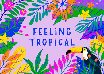 Summer vector illustration with bright tropical leaves,flowers and toucan.Multicolor plants with hand drawn texture.Exotic background perfect for prints,flyers,banners,invitations,social media.