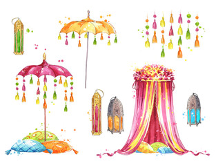 set of objects for a mehndi party, watercolor painting - 276310214