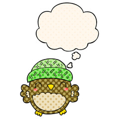 cute cartoon owl in hat and thought bubble in comic book style