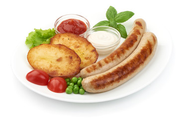 Grilled sausages with baked potatoes, close-up, isolated on white background