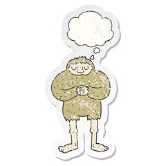 cartoon bigfoot and thought bubble as a distressed worn sticker