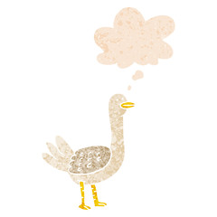 cartoon bird and thought bubble in retro textured style