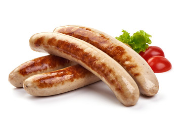 Grilled German white sausages, Thuringer Rostbratwurst, close-up, isolated on white background