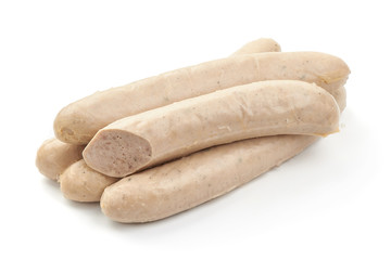 German pork sausages, Thuringer Rostbratwurst, close-up, isolated on white background