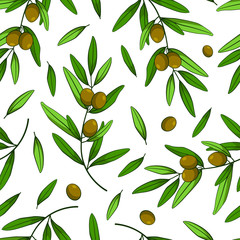 Seamless pattern with olives. Vector branches, leaves and olives. Design for labels, wrappers, textiles, web design. Isolated on white.