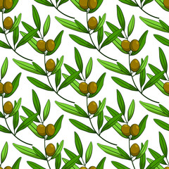 Seamless pattern with olives. Vector diagonal branches, leaves and olives. Design for labels, wrappers, textiles, web design. Isolated on white.