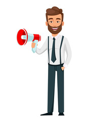 Handsome bearded businessman holding loudspeaker