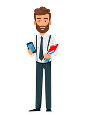 Handsome bearded businessman holding smartphone