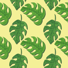 Seamless pattern of decorative monstera leaves with shadows. In a pale yellow background. Watercolor hand painted elements. 