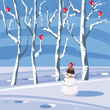 Winter landscape with a snowman with birds sitting on trees © hadeev