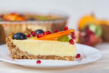 Сheesecake without baking with fruit. Homemade bakery concept.