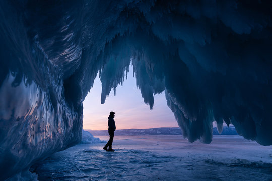 Ice cave in Baikal frozen lake in winter season, Siberia, Russai