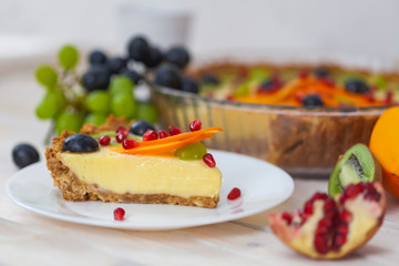 Сheesecake without baking with fruit. Homemade bakery concept.