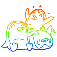 rainbow gradient line drawing happy penguins