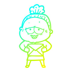 cold gradient line drawing cartoon happy old lady