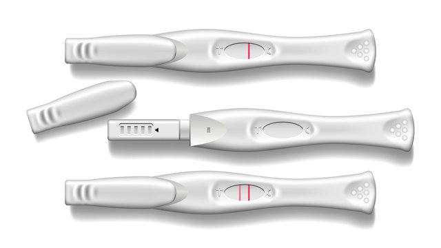 Plastic Pregnancy Test With Blue Cap Set Vector. Device For Conduct Response To Presence Of Hormonal Markers Of Pregnancy In Urine. Positive Negative Result Red Lines. Realistic 3d Illustration
