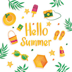 Modern vector illustration of Hello summer. Tropical plants with sunglasses, ice cream, starfish, camera, beach umbrella. Template for banners, posters, postcards and for seasonal vacation.