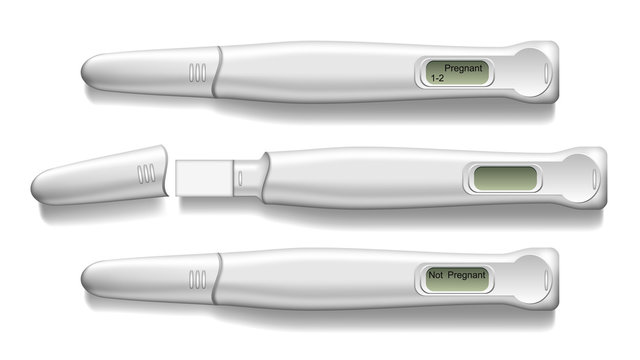 Electronic Pregnancy Test With Cap Set Vector. Medical Pregnancy Device For Anticipation Baby Birth. Positive Negative Result Information On Display. Mockup Realistic 3d Illustration