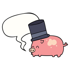 cartoon pig wearing top hat and speech bubble