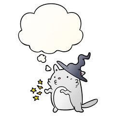 cartoon cat wizard and thought bubble in smooth gradient style