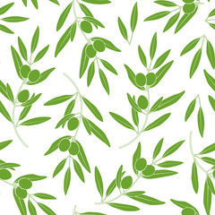 Fototapeta na wymiar Seamless pattern with olives. Vector silhouette of branches, leaves and olives. Design for labels, wrappers, textiles, web design. Isolated on white.