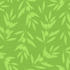 Naklejka na ściany i meble Seamless pattern with olives. Vector silhouette of branches, leaves and olives on green background. Design for labels, wrappers, textiles, web design.