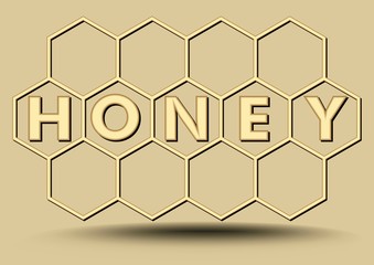 Honey banner in gold design, hexagonal honeycomb, beekeeping banner with honey inscription, vector design