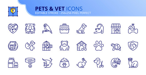 Simple set of outline icons about pets and vet
