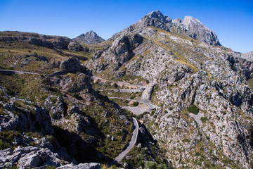 Road to Sa Calobra in Serra de Tramuntana - mountains. Serpentine road.  in Mallorca, Spain. 