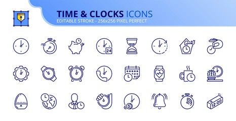 Simple set of outline icons about time and clocks