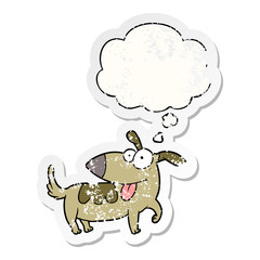 cartoon happy dog and thought bubble as a distressed worn sticker