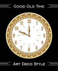 Clock in art deco style, isolated rich decorated object on black background, luxurious golden metal with filigree ornament, measuring time, vector design