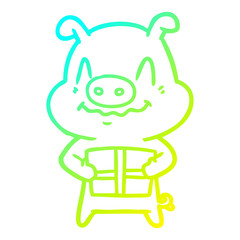 cold gradient line drawing nervous cartoon pig with present