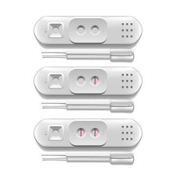 White Plastic Pregnancy Test With Stick Set Vector. Device Allowing Determine Signs Of Pregnancy Woman At Early Stage. Positive Negative Result On Medicine Equipment. Realistic 3d Illustration