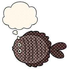cartoon flat fish and thought bubble in comic book style