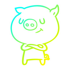 cold gradient line drawing happy cartoon pig