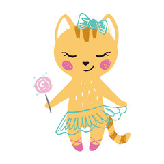Naklejka premium Kitty baby girl cute print. Sweet cat with sweet lollipop, ballet skirt, bow.