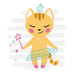 Kitty baby girl cute print. Sweet cat with magic wand, ballet tutu, pointe.
