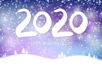2020 happy new year postcard with falling snow on blue sky, frozen numbers 2020, snowdrifts, flat style design vector illustration on gradient background. Year of the metal rat.
