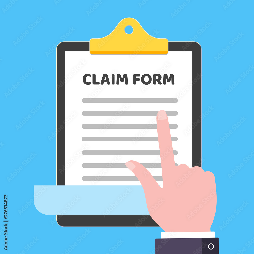 Poster clipboard with claim form on it, paper sheets and hand pointer finger isolated on light blue backgro