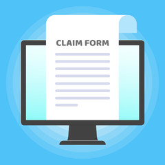 All in one PC monitor computer with Paper sheet with claim form to fill out and text on it and pen flat style design isolated on light blue background vector illustration.