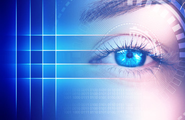 Eye of the female on a dark abstract background, neon holograms, retina scanner