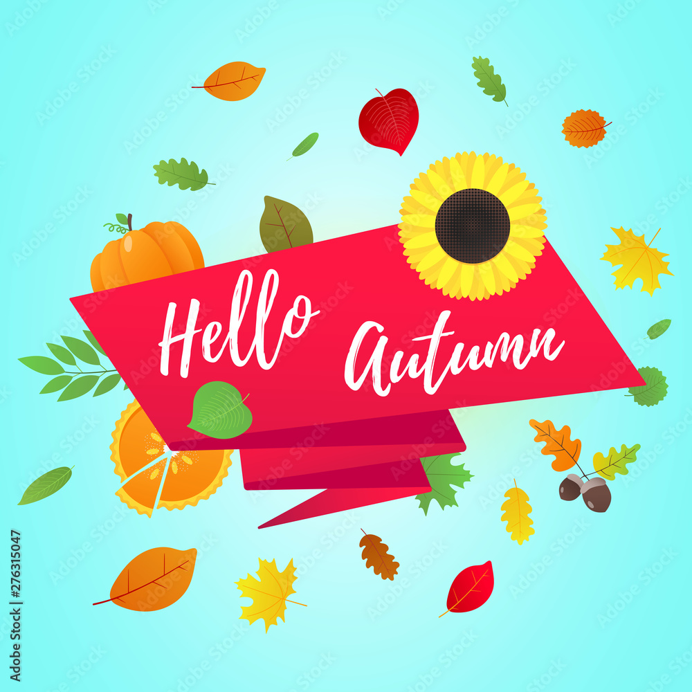 Poster hello autumn vector banner or poster gradient flat style design vector illustration. huge frame with