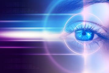 Eye of the female on a dark abstract background, neon holograms, retina scanner