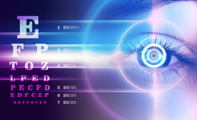 Eye of the female on a dark abstract background, neon holograms, retina scanner