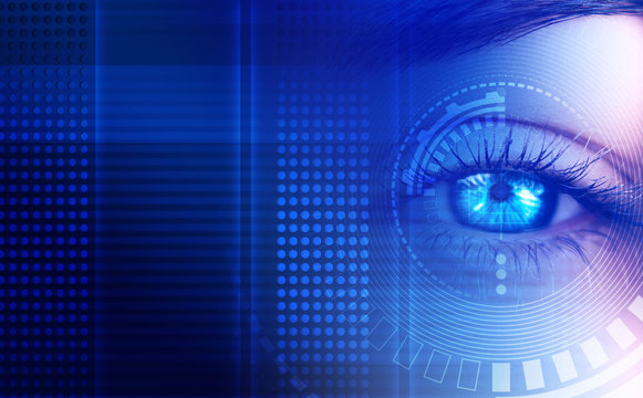 Eye of the female on a dark abstract background, neon holograms, retina scanner - Powered by Adobe