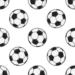 Seamless pattern with black and white hexagon soccer balls flat sty;e design vector illustration isolated on white background. Soccer - popular sport game and ball - symbol of it.