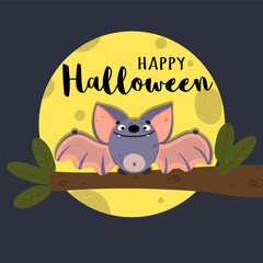 Cute bat sitting on the tree at night by the light of the moon. Vector illustration in cartoon style with inscription 